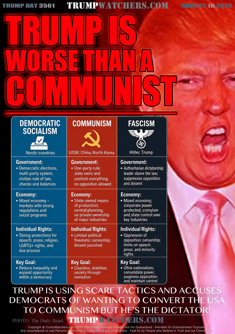 DEMOCRATIC SOCIALISM:
Nordic Countries (Denmark, Finland, Iceland, Norway, and Sweden

COMMUNISM:
USSR, China, North Korea

FASCISM:
Hitler, Trump

TRUMP IS USING SCARE TACTICS AND ACCUSES
DEMOCRATS OF WANTING TO CONVERT THE USA
TO COMMUNISM BUT HE’S THE DICTATOR!
